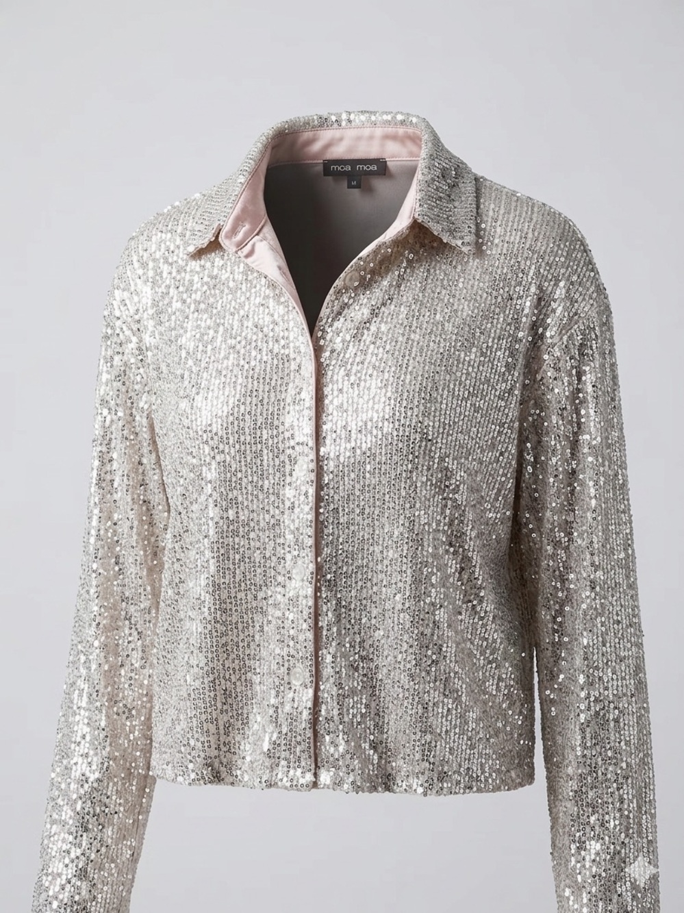 Moa Moa Silver Sequin Button-Down Crop Shirt
